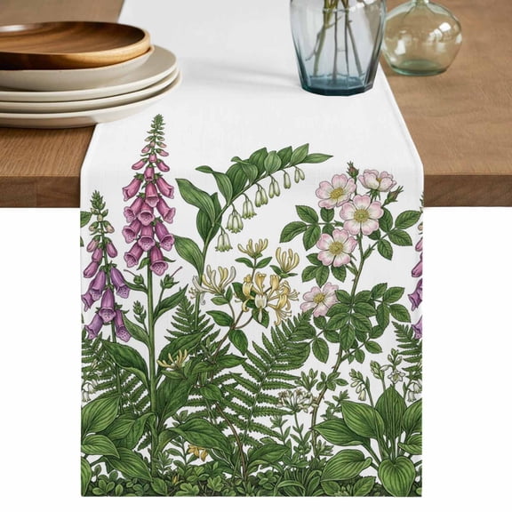 Spring Botanical Table Runner, Watercolor Floral Flowers Leaves Retro Rustic Washable Cotton Linen Table Runners 36 Inches Long, Dresser Scarf Runner for Nightstand/End Tables/Round Tables 13''x36''