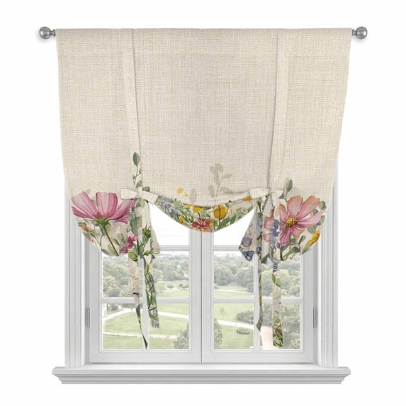Spring Botanical Tie Up Curtains for Windows, Adjustable Balloon Window Shades, Watercolor Floral Eucalyptus Leaves Beige Kitchen Window Treatments Farmhouse Short Curtains with Rod Pocket 42"x45"