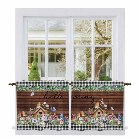 Spring Botanical Tier Curtains 24 Inch Length, Farmhouse Black Plaid Brown Wooden Grain Cafe Short Curtains for Bathroom Over Sink, Small Kitchen Curtain Light Filtering Drapes 2 Panels 27.5"Wx24"L