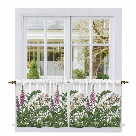 Spring Botanical Tier Curtains 24 Inch Length, Watercolor Floral Flowers Leaves Retro Rustic Cafe Short Curtains for Bathroom Sink, Small Kitchen Curtain Light Filtering Drapes 2 Panels 27.5"Wx24"L