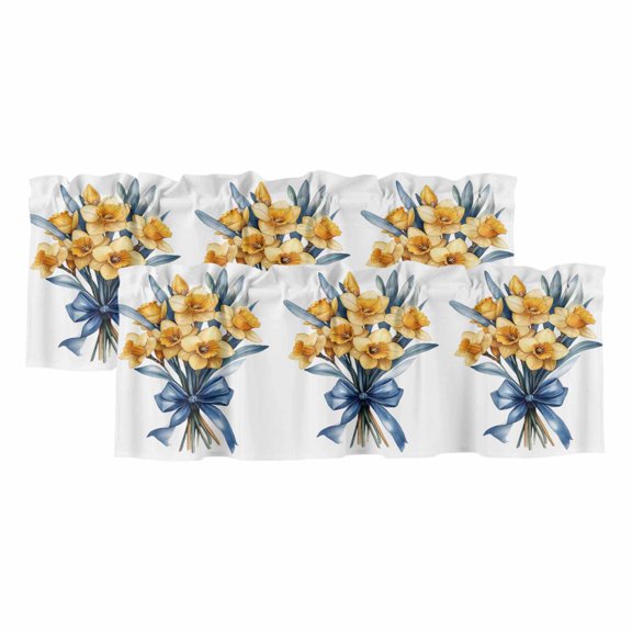 Spring Botanical Valances for Windows, Decorative Rod Pocket Window Valance Curtains, Yellow Verdant Flower Patterns Short Curtain Drapes for Kitchen/Bathroom/Living Room, 2 Panels, 42" W x 12" L