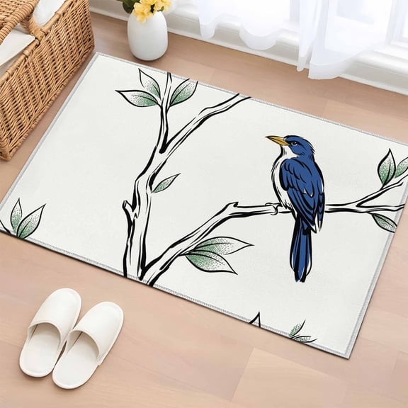 Spring Botanical Washable Small Entryway Area Rugs 2'x3', Watercolor Navy Blue Bird Gradient Green Leaves Low Pile Throw Rug Non-Slip Sturdy Edge Binding Carpet for Front Door Floor Room Entry