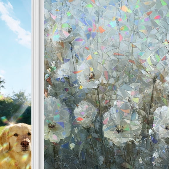 Spring Botanical Window Privacy Film Stain Glass,Reusable Decorative Rainbow Window Film,Abstract Oil Painting White Floral Plant Static Cling Sun Blocking Stickers Decals Covers 29.5" x 118" (2pcs)