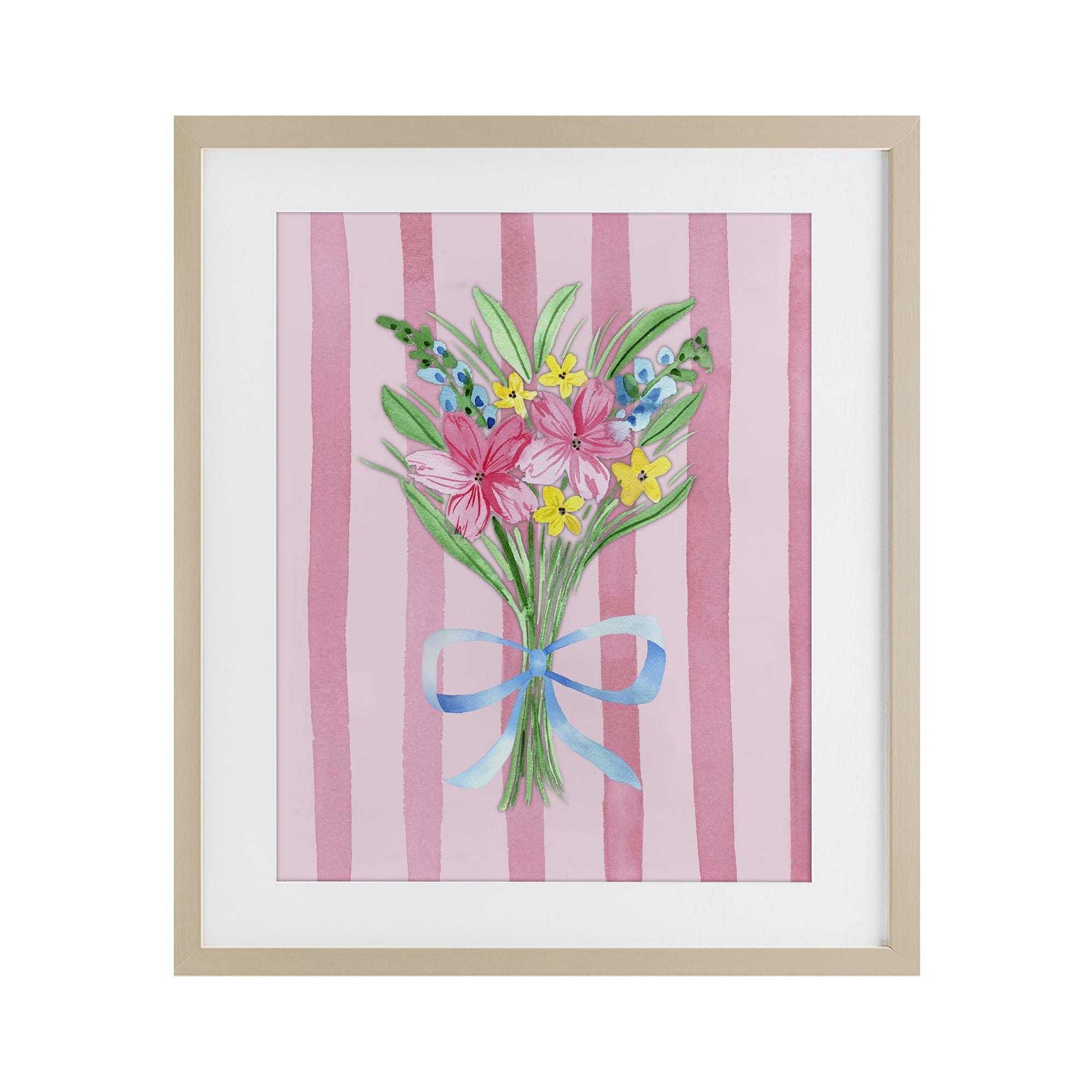 Spring Bouquet & Bow Stripes Birch Framed Print Under Glass, design by Nina Jacobs