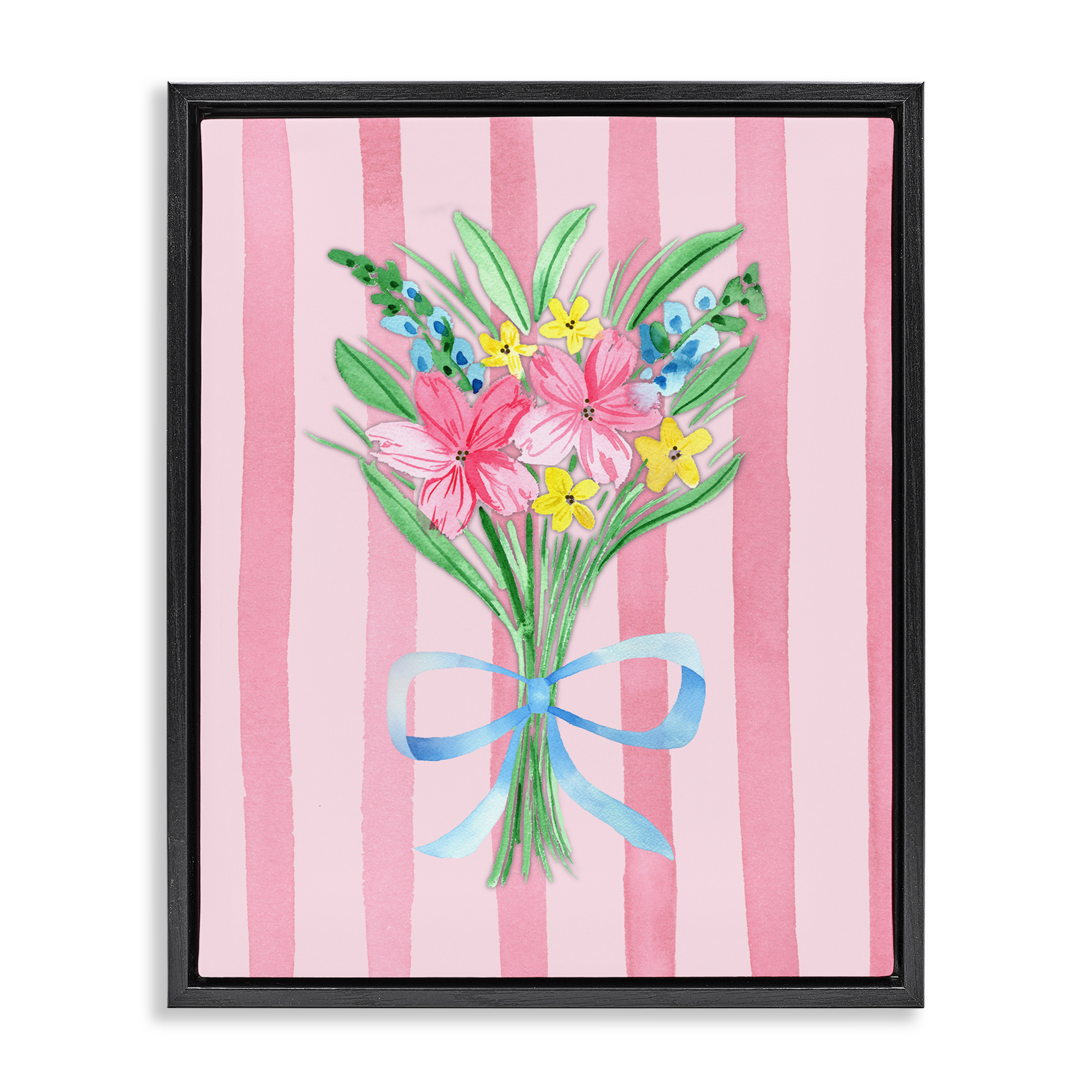 Spring Bouquet & Bow Stripes Black Framed Floater Canvas Wall Art, design by Nina Jacobs