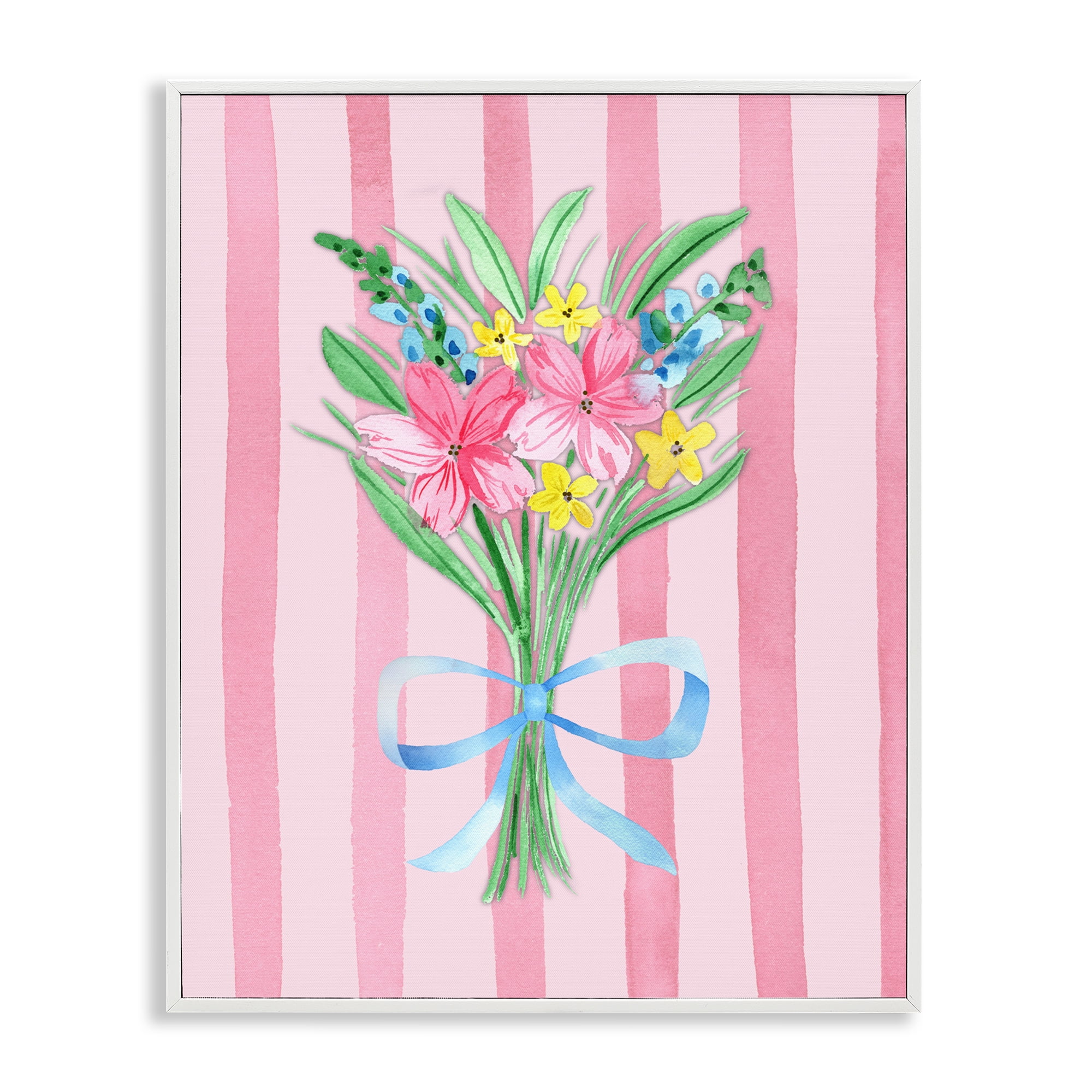 Spring Bouquet & Bow Stripes White Framed Giclee Art, design by Nina Jacobs