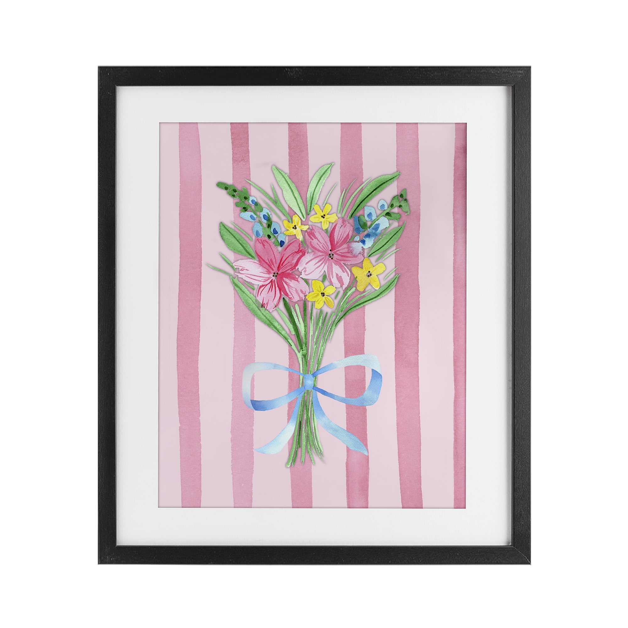 Spring Bouquet Pink & Blue Black Framed Print Under Glass, design by Nina Jacobs