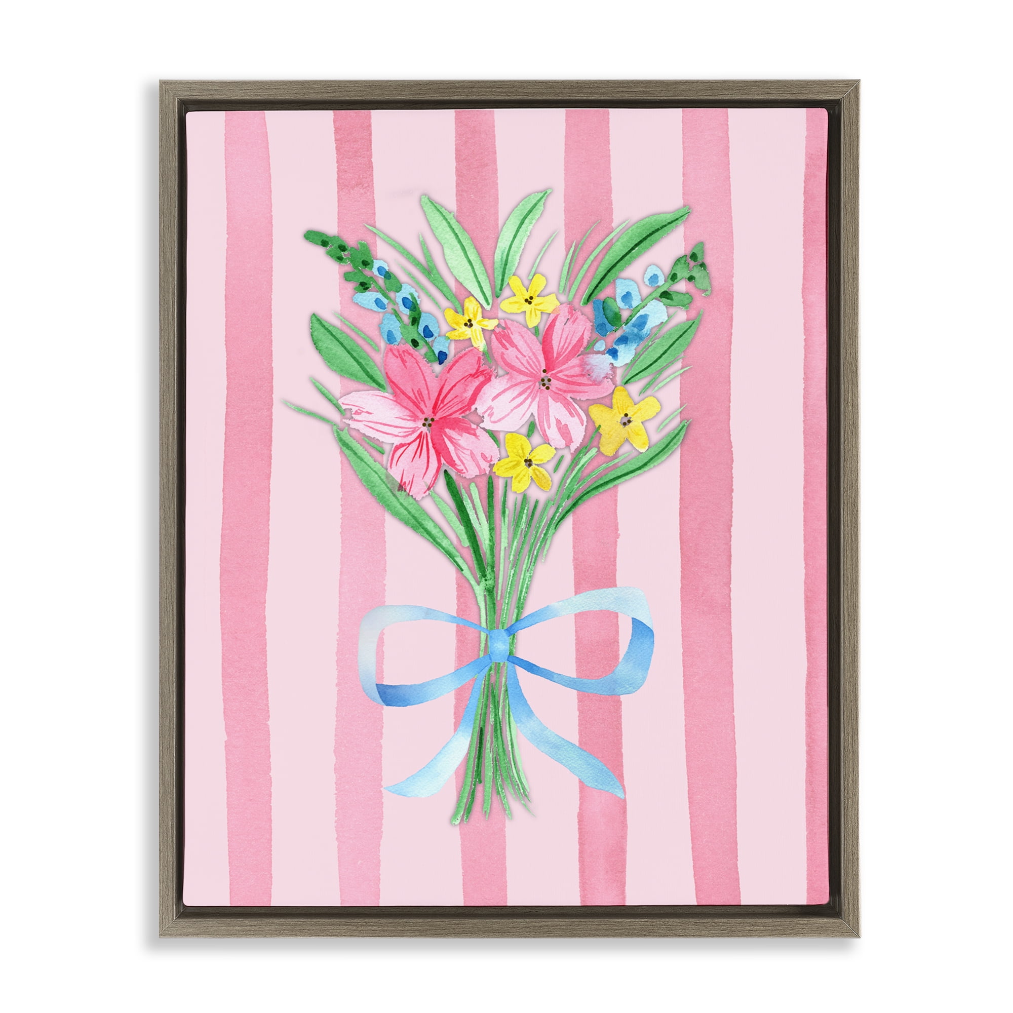 Spring Bouquet Pink & Blue Brown Framed Floater Canvas Wall Art, design by Nina Jacobs