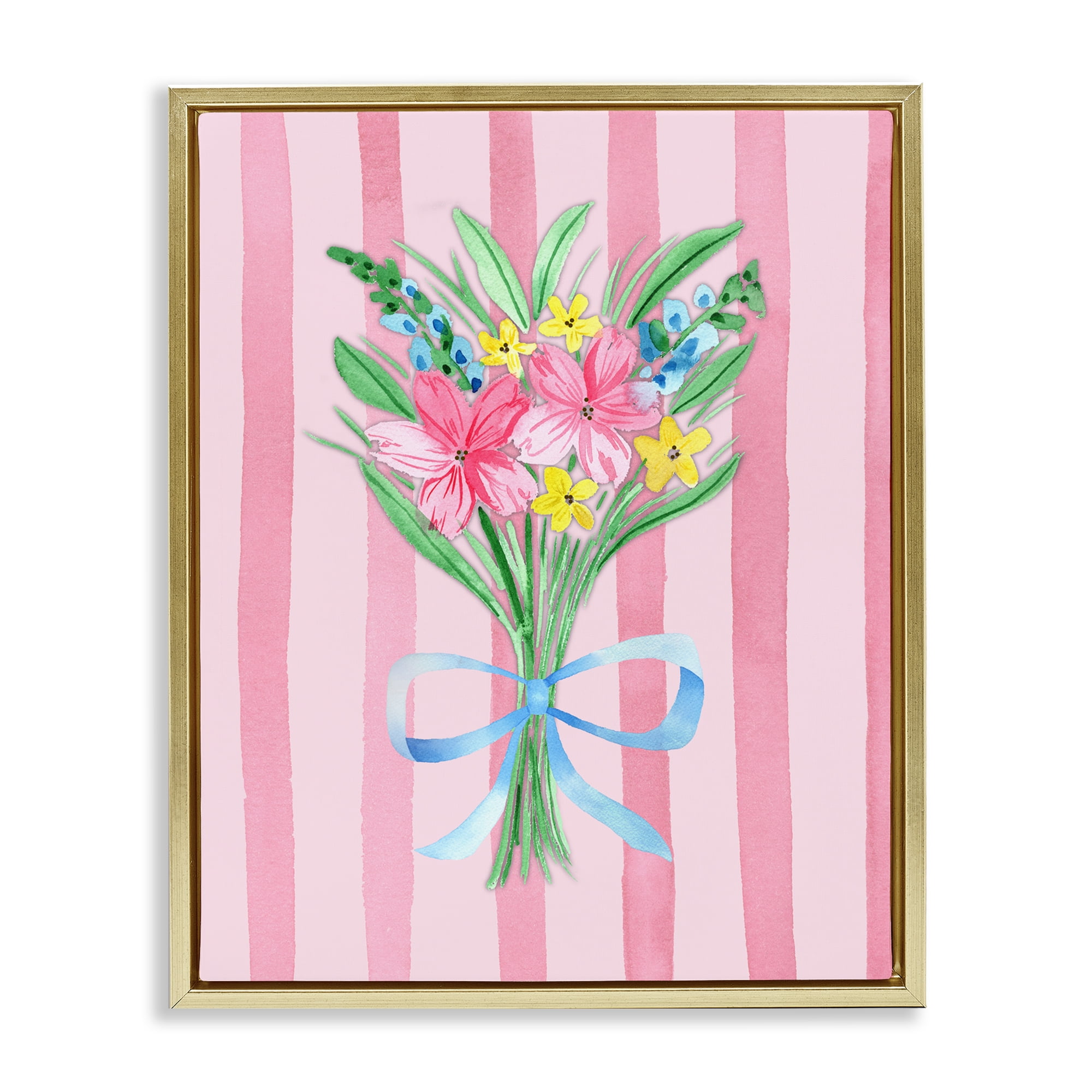 Spring Bouquet Pink & Blue Gold Framed Floater Canvas Wall Art, design by Nina Jacobs