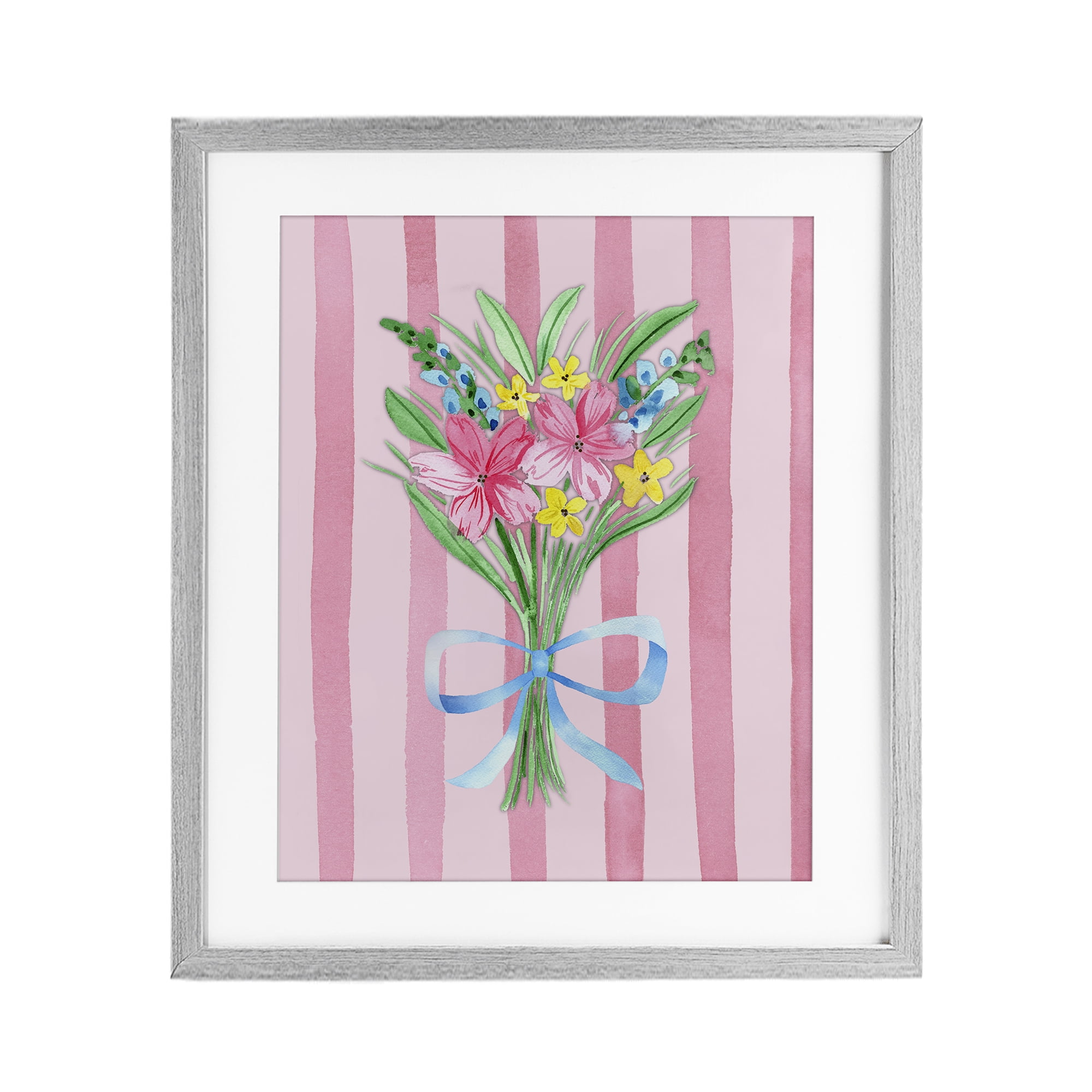 Spring Bouquet Pink & Blue Gray Framed Print Under Glass, design by Nina Jacobs