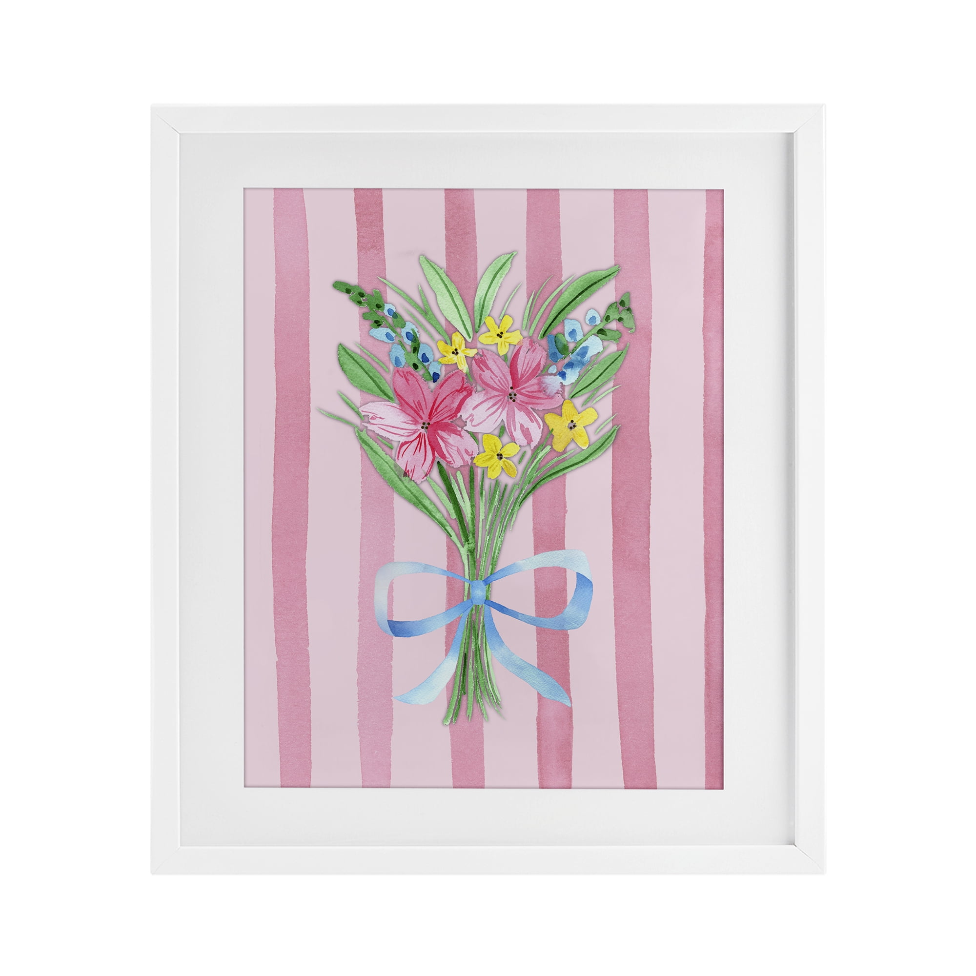 Spring Bouquet Pink & Blue White Framed Print Under Glass, design by Nina Jacobs