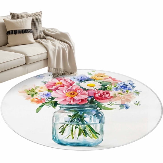 Spring Bouquet Round Area Rug 3ft Floral Glass Bottle Non-Slip Washable Circle Rugs Soft Felt Indoor Floor Mat for Bedroom Kitchen Living Room Bathroom