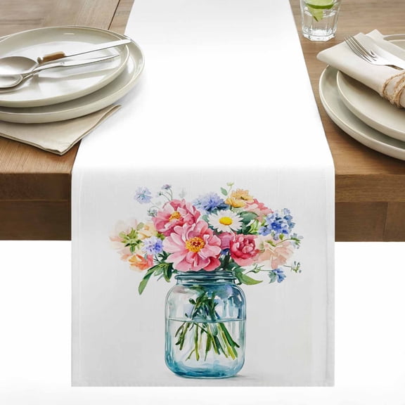 Spring Bouquet Table Runner 13x48 inch Floral Glass Bottle Cotton Linen Dining Table Runner Ideal for Dresser Kitchen Coffee Tables - Machine Washable