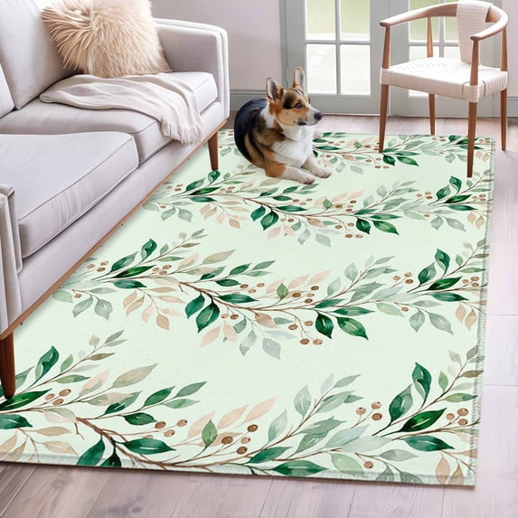 Spring Branch Area Rugs 3x5 ft Green Leaves Gradient Berry Watercolor Plant Washable Rug Non Slip Indoor Carpet Absorbent Floor Mat for Living Room Bedroom Dining Room