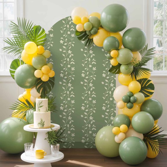 Spring Branches Arch Backdrop Cover, 5FT, Simple Sage Green Leaf Branch Plant Green Background Spandex Arch Covers Double-Sided Backdrop for Wedding Birthday Party Photo Background Decoration