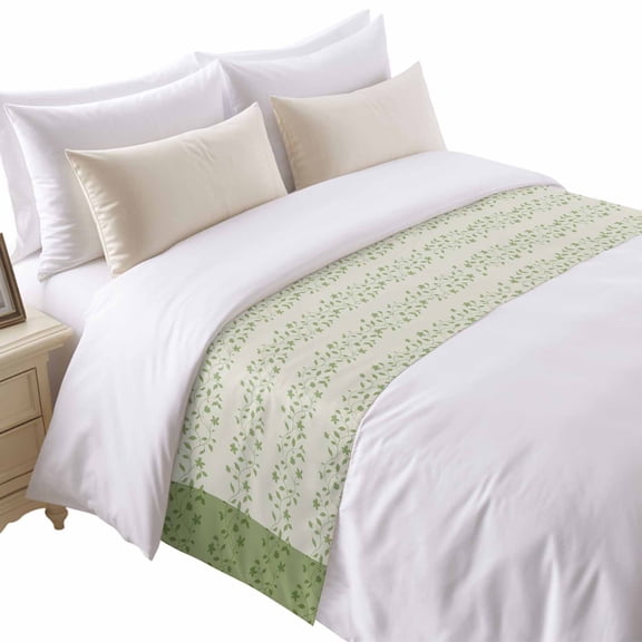 Spring Branches Bed Runner for King Size Bed, Simple Grass Green Leaf Branch Plant Light Green Background Soft Bedding Scarf Bedding Protector Slipcover Sofa Throw for Bedroom Hotel Guesthouse