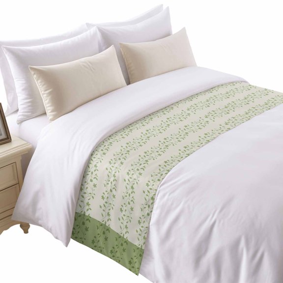 Spring Branches Bed Runner for Twin Size Bed, Simple Grass Green Leaf Branch Plant Light Green Background Soft Bedding Scarf Bedding Protector Slipcover Sofa Throw for Bedroom Hotel Guesthouse