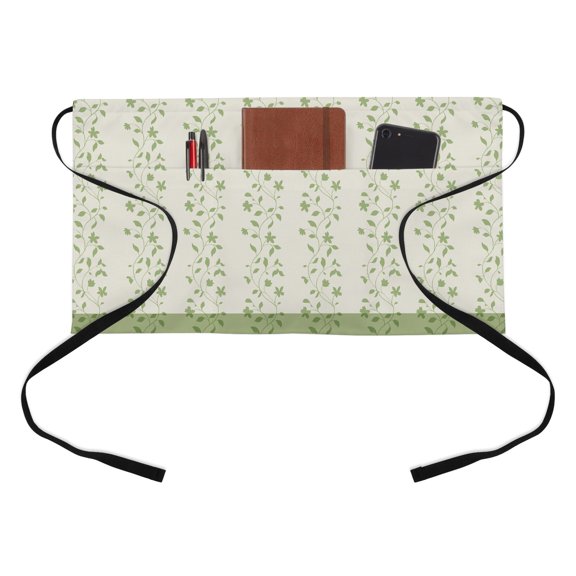 Spring Branches Kitchen Restaurant Half Waist Apron, Simple Grass Green Leaf Branch Plant Light Green Background Server Short Apron with 3 Pockets Waterproof Oil Waist Aprons for Women Waiter