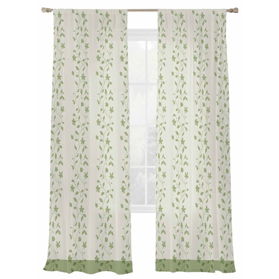 Spring Branches Sheer Curtains 2 Panels Set Simple Grass Green Leaf Branch Plant Light Green Background Sheer Window Curtains Light Filtering Rod Pocket Voile Drapes for Bedroom Living Room 52"X108"