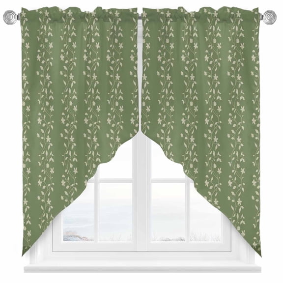 Spring Branches Swag Kitchen Curtain Valances, Simple Sage Green Leaf Branch Plant Green Background Rod Pocket Curtains Window Treatment Decor Valances for Bedroom Bathroom, 2 Panels 36 x 36 Inch