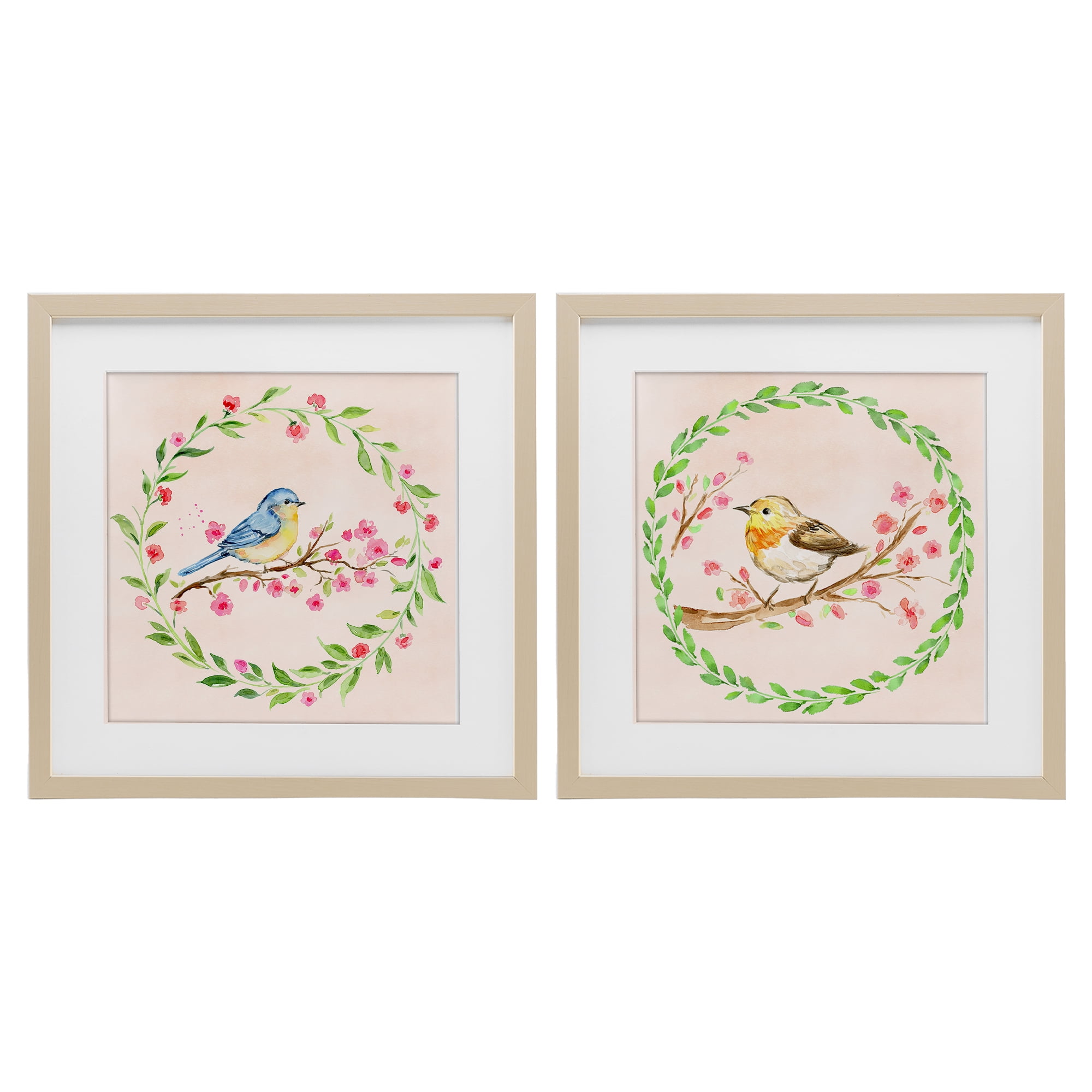 Spring Branches & Wreath Birds 2 Piece Birch Framed Print Under Glass Set, design by Elena Fay