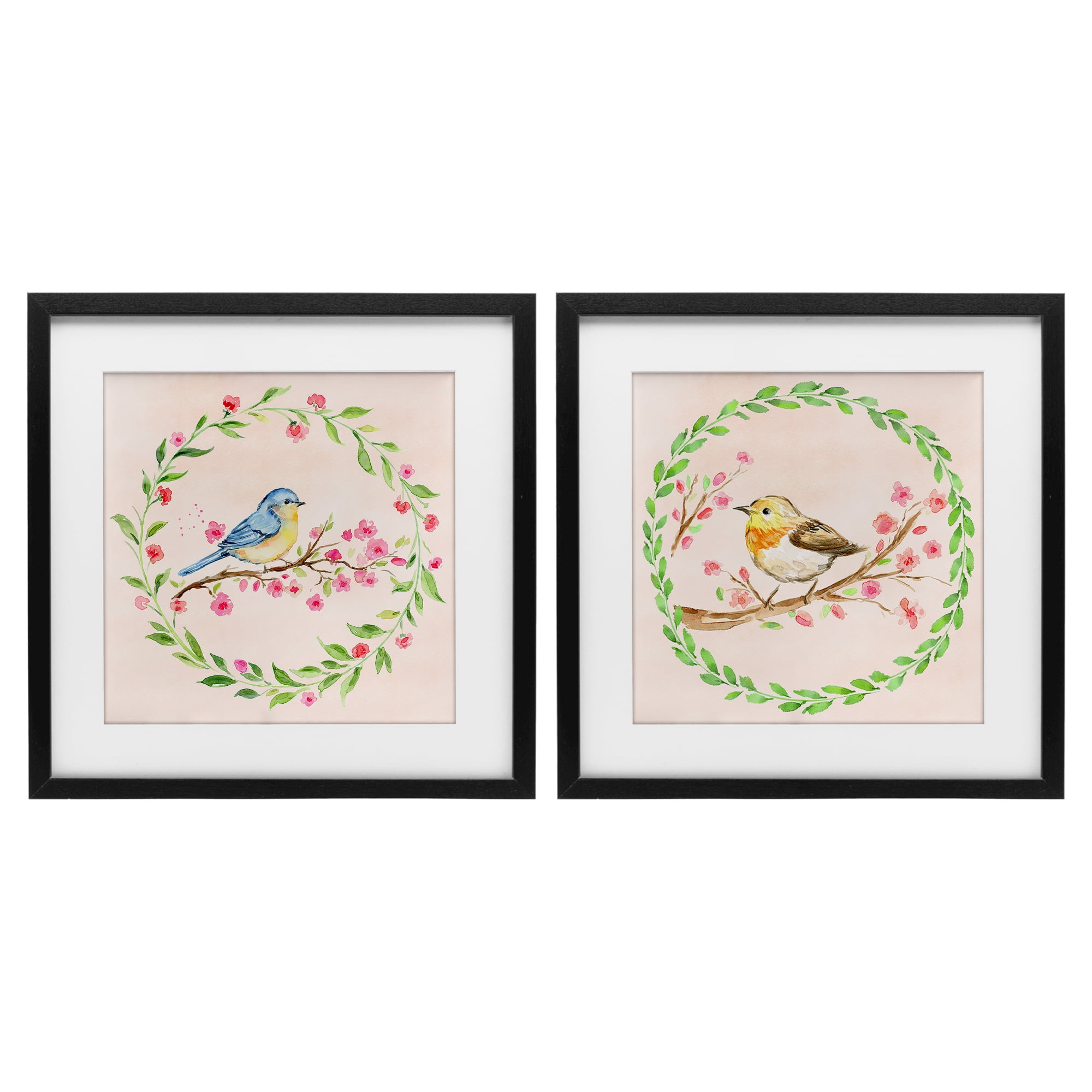 Spring Branches & Wreath Birds 2 Piece Black Framed Print Under Glass Set, design by Elena Fay