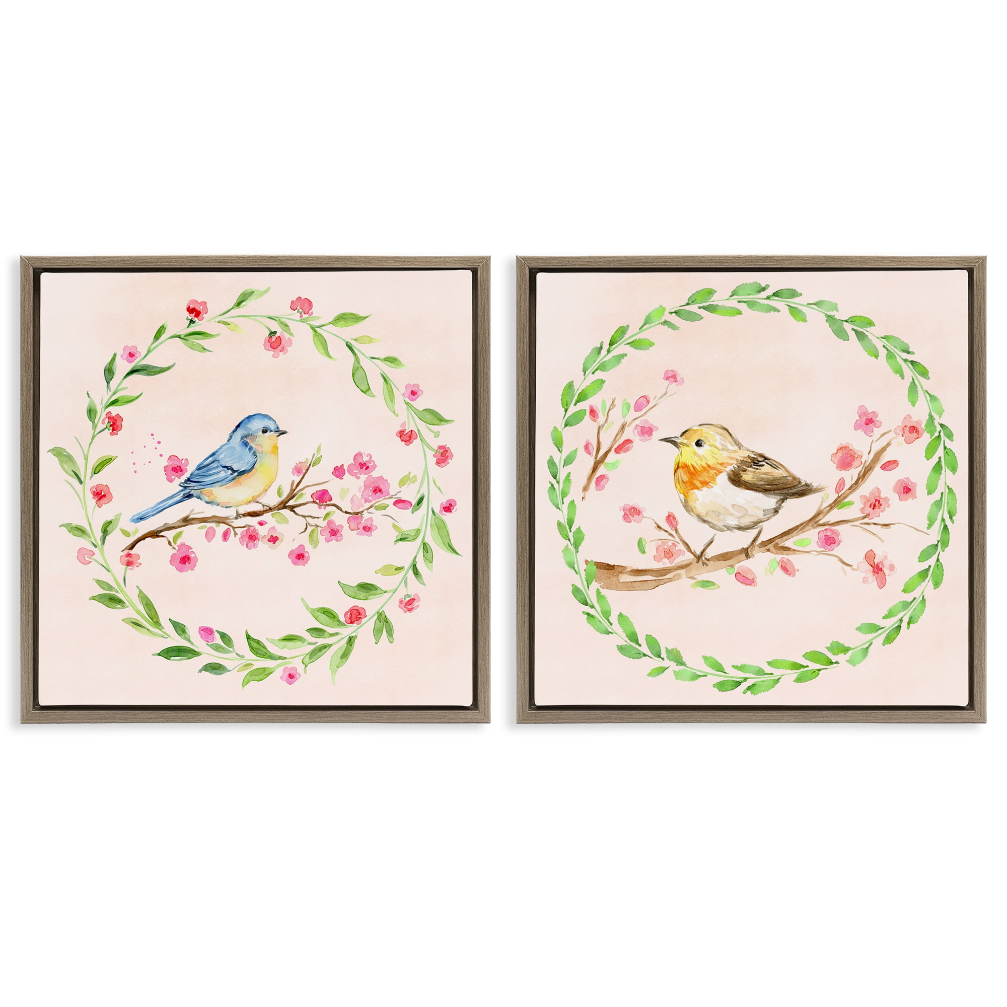 Spring Branches & Wreath Birds 2 Piece Brown Framed Floater Canvas Set, design by Elena Fay