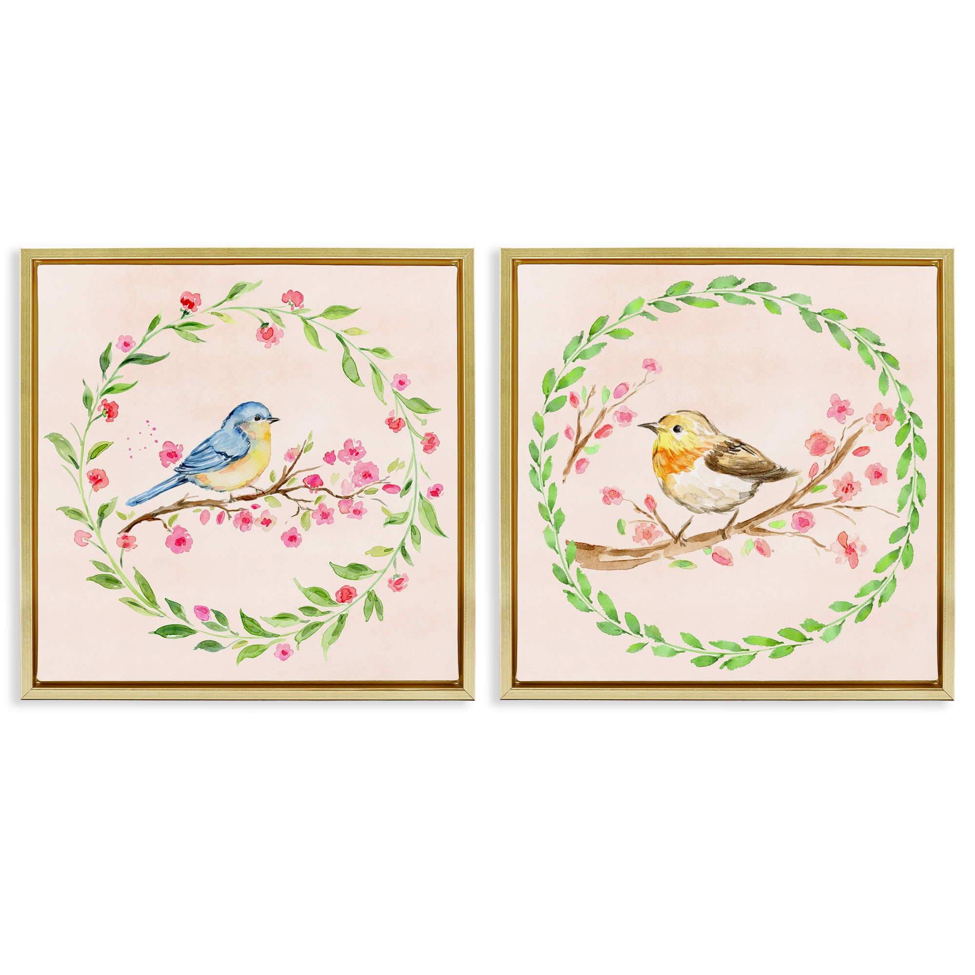 Spring Branches & Wreath Birds 2 Piece Gold Framed Floater Canvas Set, design by Elena Fay
