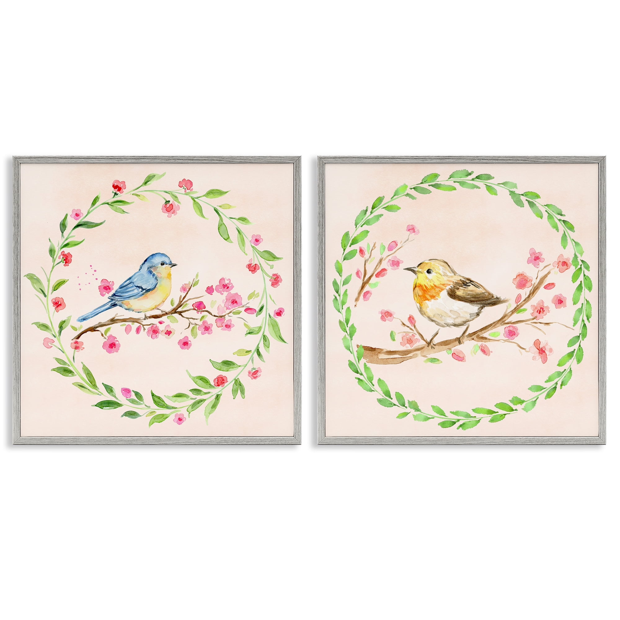 Spring Branches & Wreath Birds 2 Piece Gray Framed Giclee Art Set, design by Elena Fay