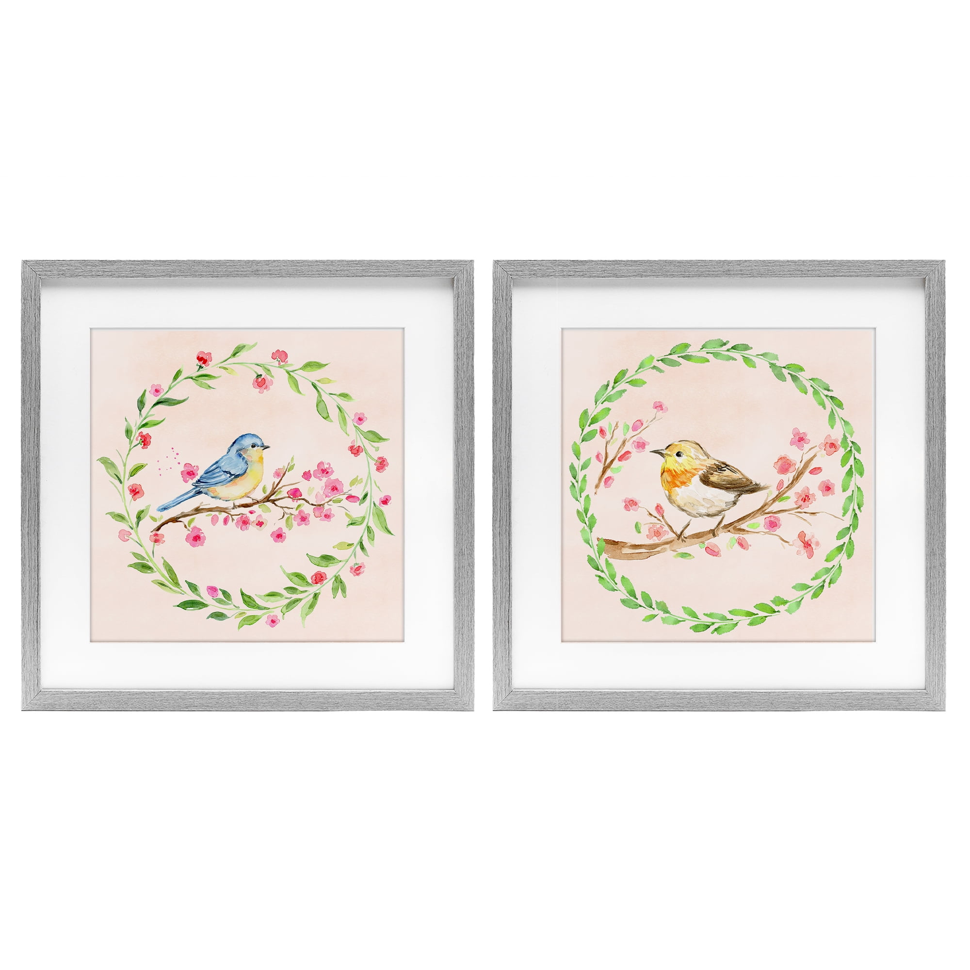 Spring Branches & Wreath Birds 2 Piece Gray Framed Print Under Glass Set, design by Elena Fay