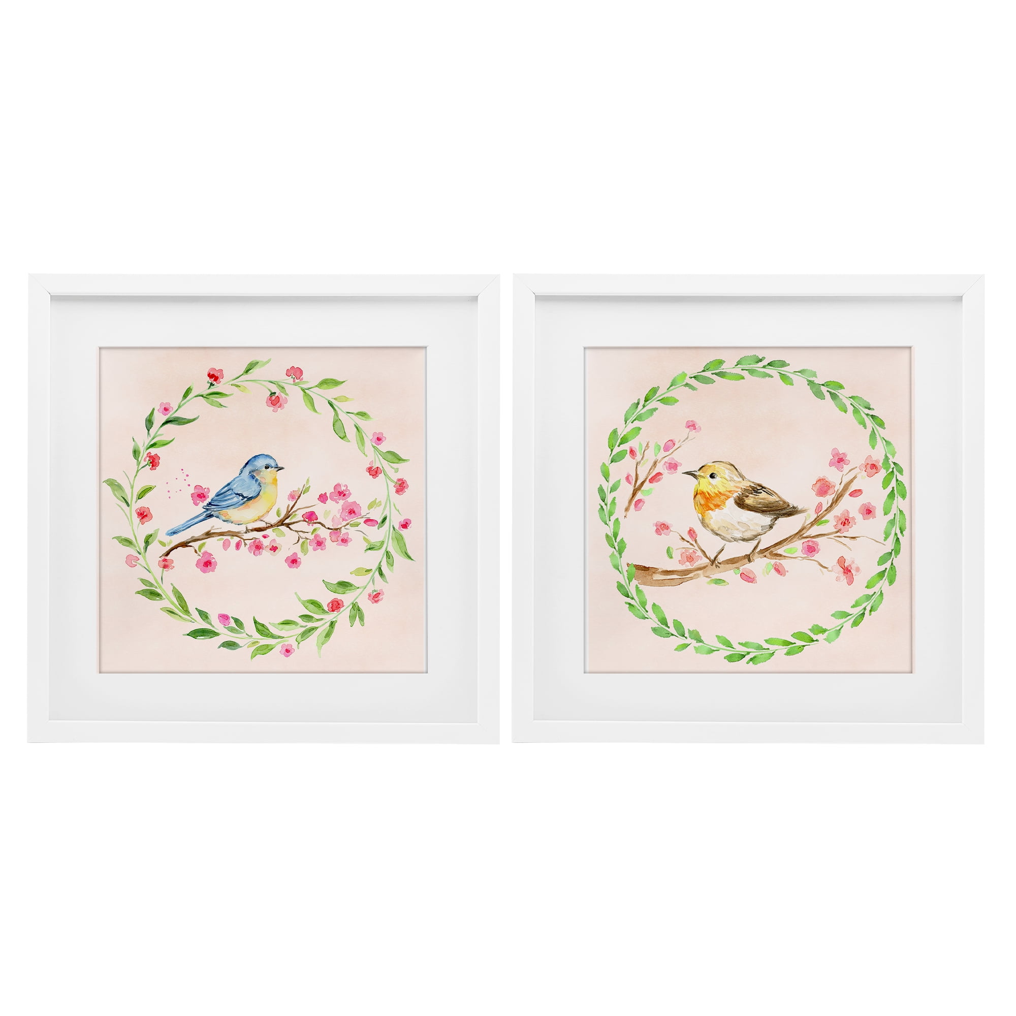 Spring Branches & Wreath Birds 2 Piece White Framed Print Under Glass Set, design by Elena Fay