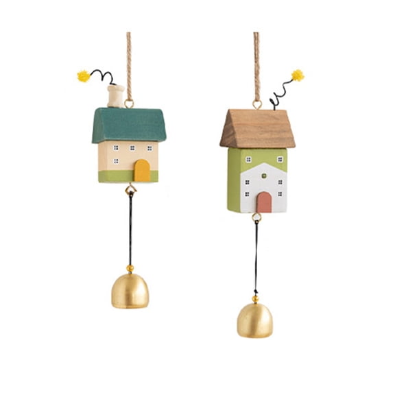 Spring Brass Bell Windchime with Hand-Drawn Wooden House, Spring Wind Chime for Garden Yard Patio Hanging Decoration Gift