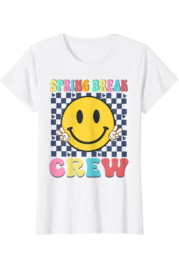 Spring Break Crew Retro Groovy Cute Smile Face Ladies' Crewneck T-Shirt All Size S-5XL