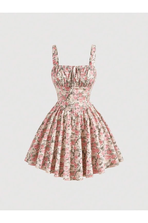 Spring Break Flower Dress Allover Floral Print Ruched Bust Cami Dress