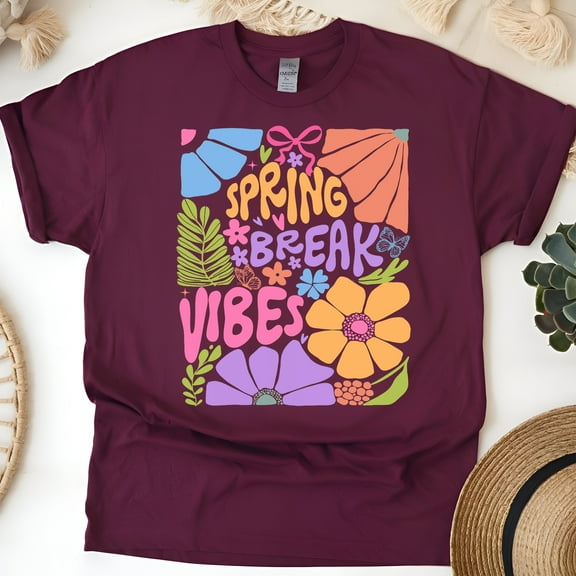 Spring Break Vibes Floral Shirt Retro Colorful Vacation Tee, Maroon, Size XL