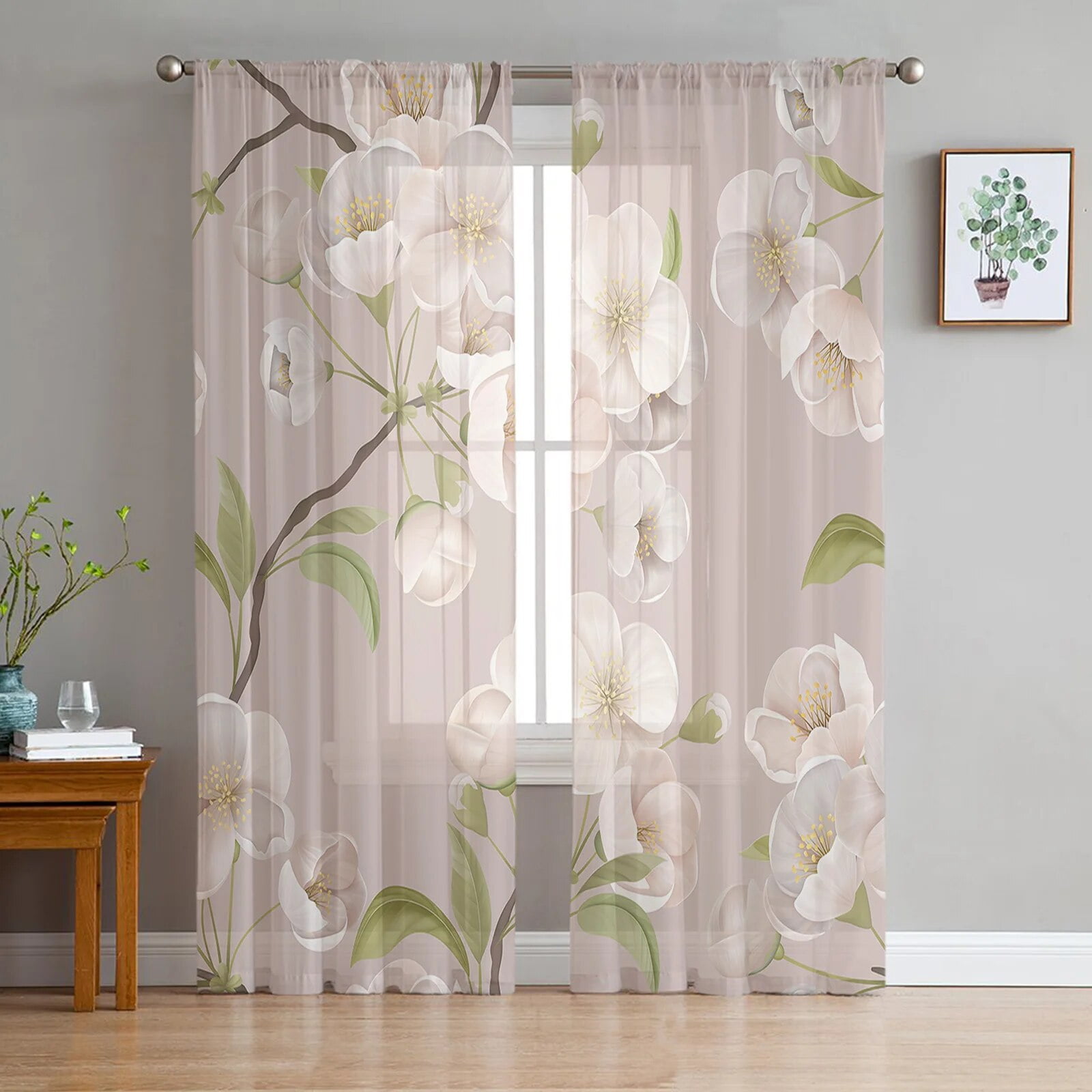 Spring Brown Background Peach Blossom Tulle Curtains for Living Room