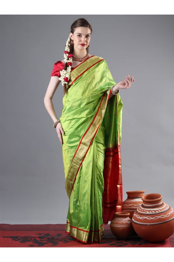Spring-Bud Zari Brocade Mor Pallu Paithani Silk Saree with Chattai Border