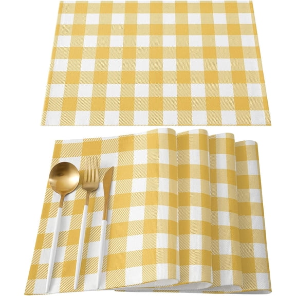 Spring Buffalo Plaid Yellow Indoor Placemat Set of 4, Non-Slip Placemats for Kitchen/Dining Table/BBQ/Patio/Parties, 12"x18" Washable Durable Cotton-Linen Table Mats, Farmhouse Checkered Symmetrical
