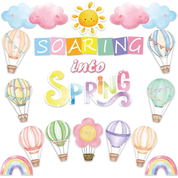 Spring Bulletin Board Decorations for Classroom - 22pcs Soaring Into Spring Hot Air Balloon Cutouts with Dot Glue for Spring Home School Wall Door Decorations