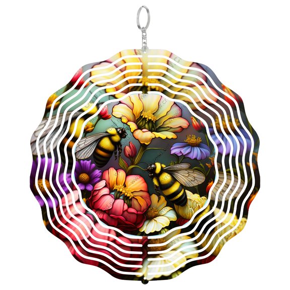 Spring Bumble Bees Pollinating Florals 3D Wind Spinner Kinetic Hanging Aluminum Garden Yard Decor Round