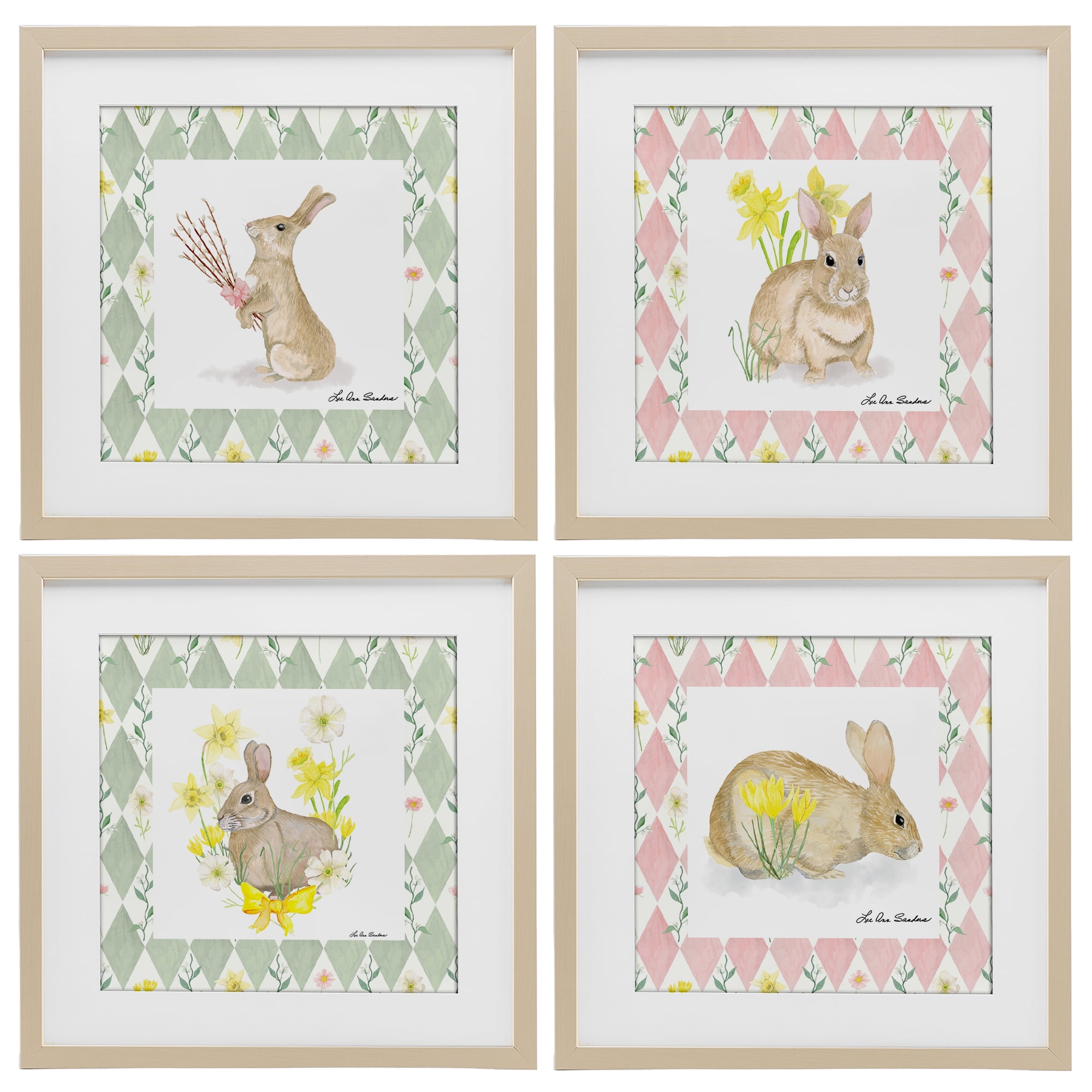 Spring Bunnies on Argyle 4 Piece Birch Framed Print Under Glass Set, design by Lee Ann Sanders