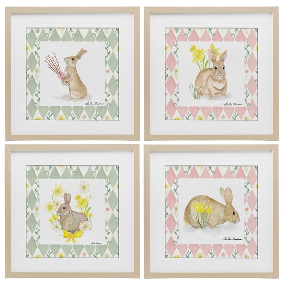 Spring Bunnies on Argyle 4 Piece Birch Framed Print Under Glass Set, design by Lee Ann Sanders
