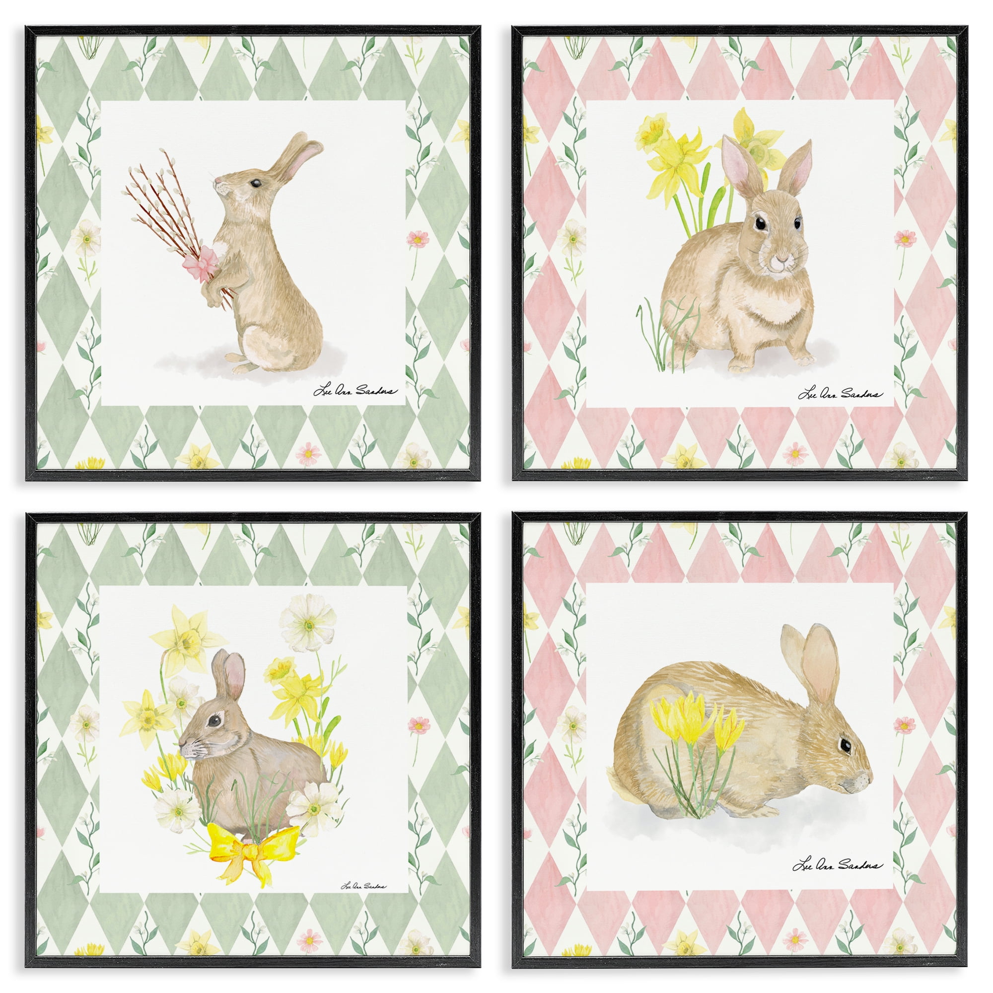 Spring Bunnies on Argyle 4 Piece Black Framed Giclee Art Set, design by Lee Ann Sanders