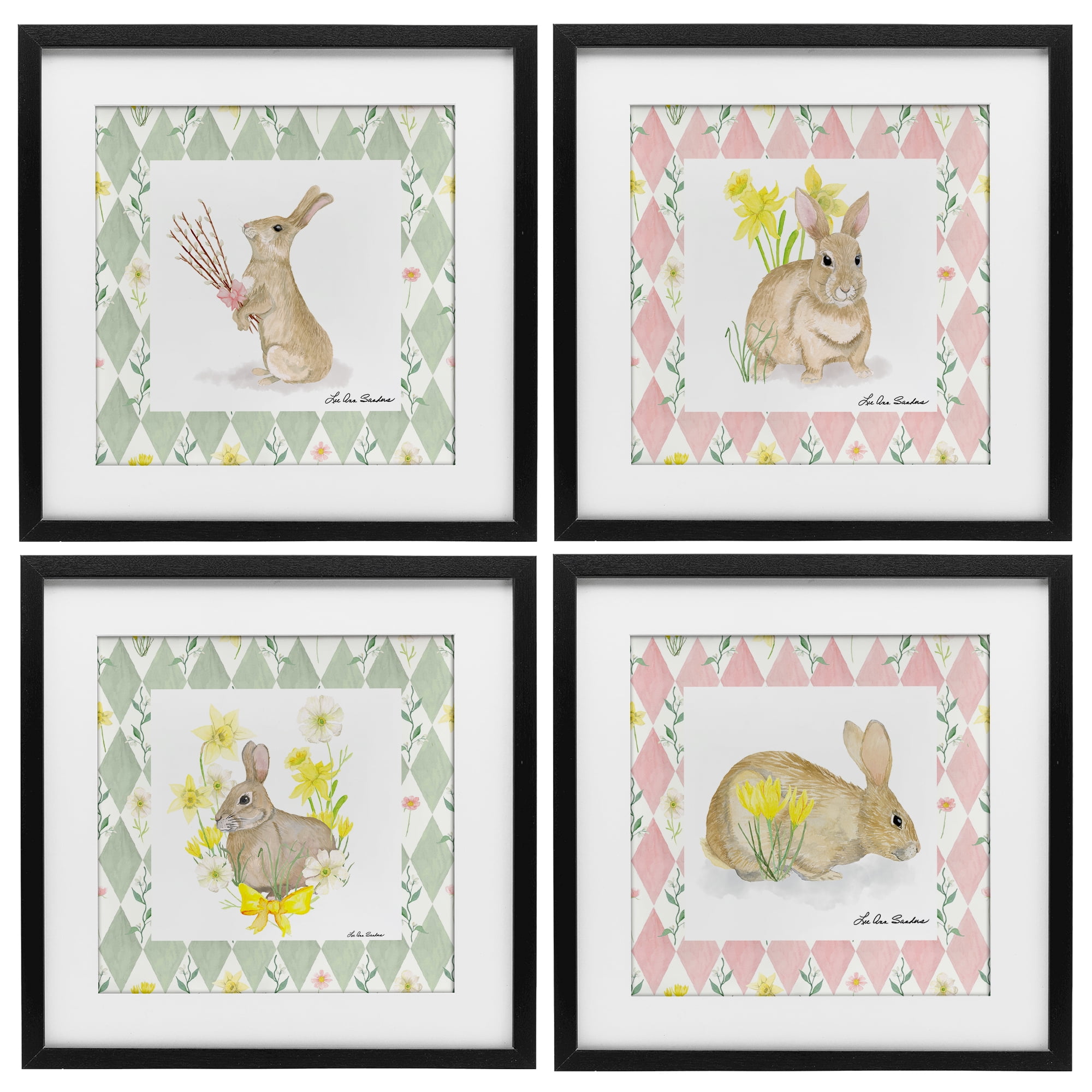 Spring Bunnies on Argyle 4 Piece Black Framed Print Under Glass Set, design by Lee Ann Sanders