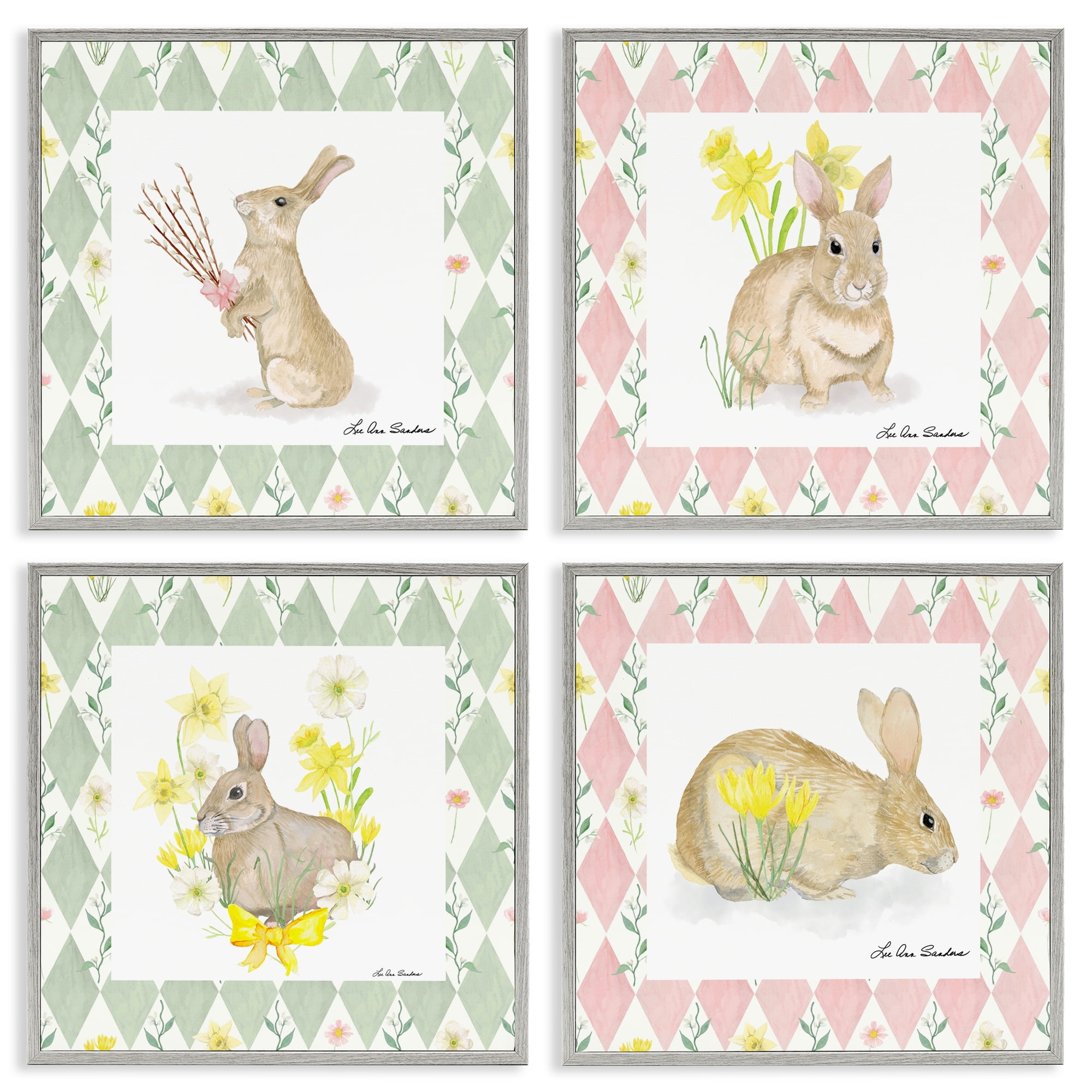 Spring Bunnies on Argyle 4 Piece Gray Framed Giclee Art Set, design by Lee Ann Sanders