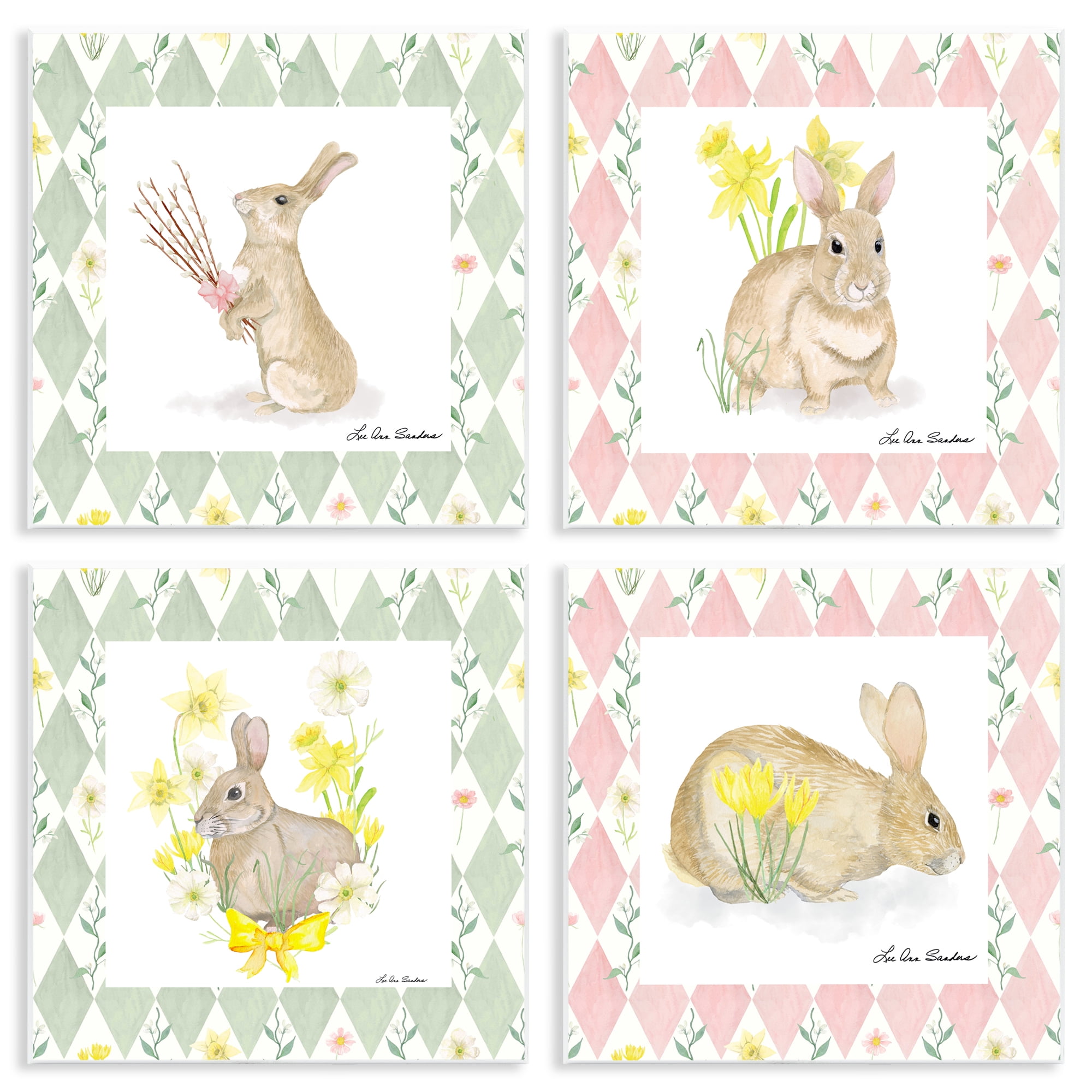 Spring Bunnies on Argyle 4 Piece Wall Plaque Art Set, design by Lee Ann Sanders