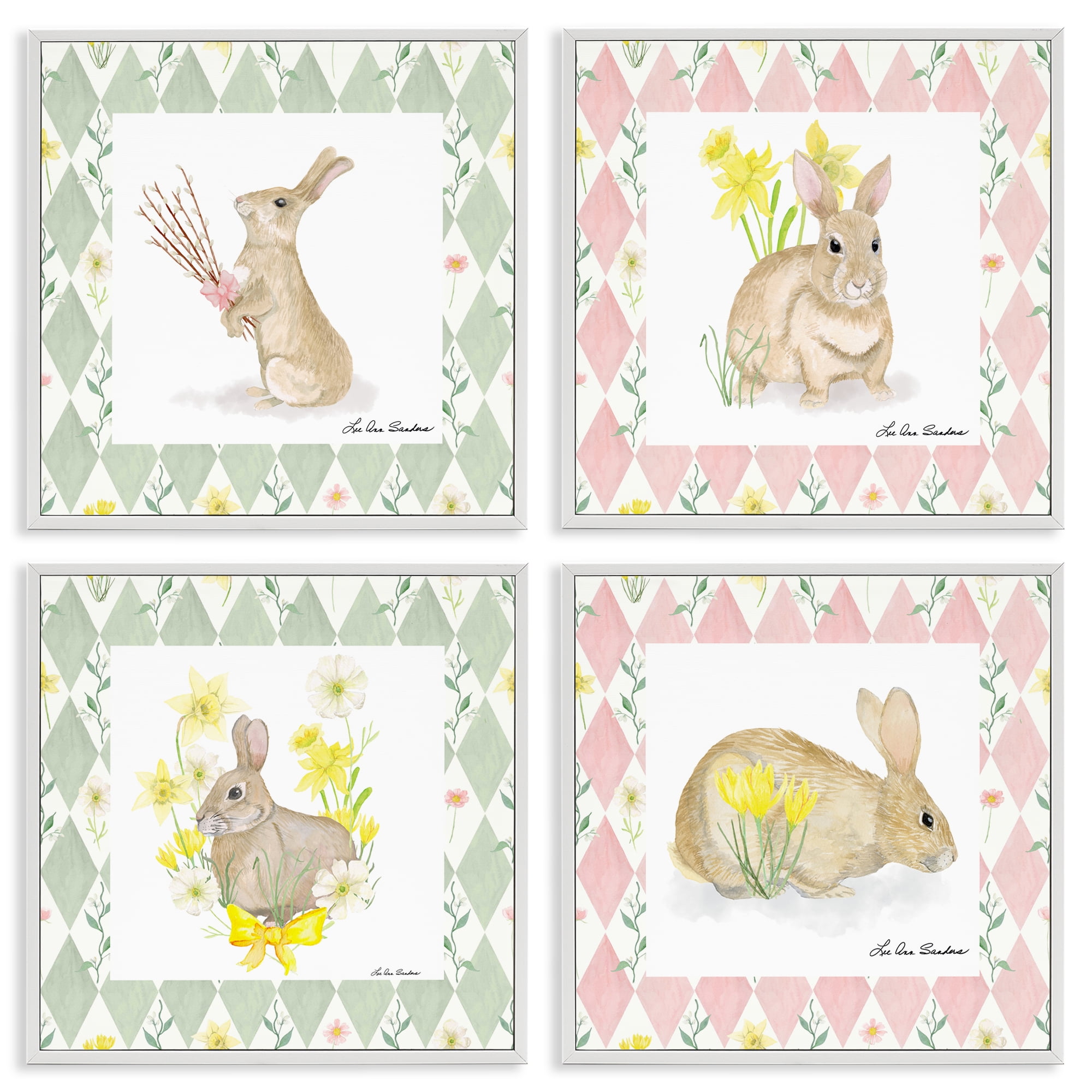Spring Bunnies on Argyle 4 Piece White Framed Giclee Art Set, design by Lee Ann Sanders