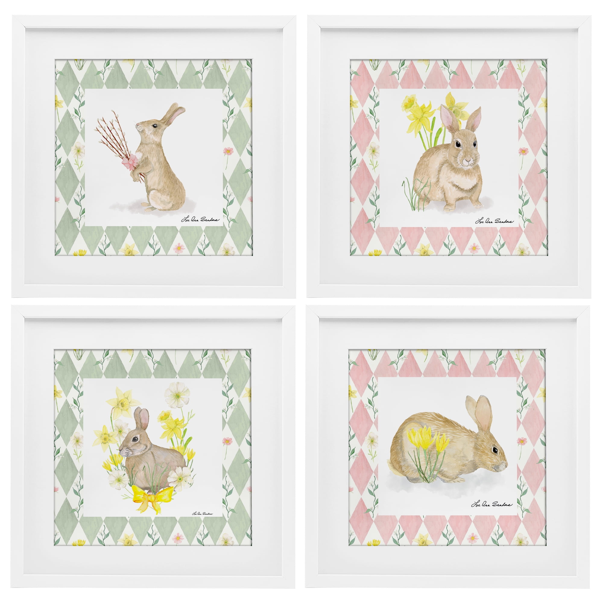 Spring Bunnies on Argyle 4 Piece White Framed Print Under Glass Set, design by Lee Ann Sanders