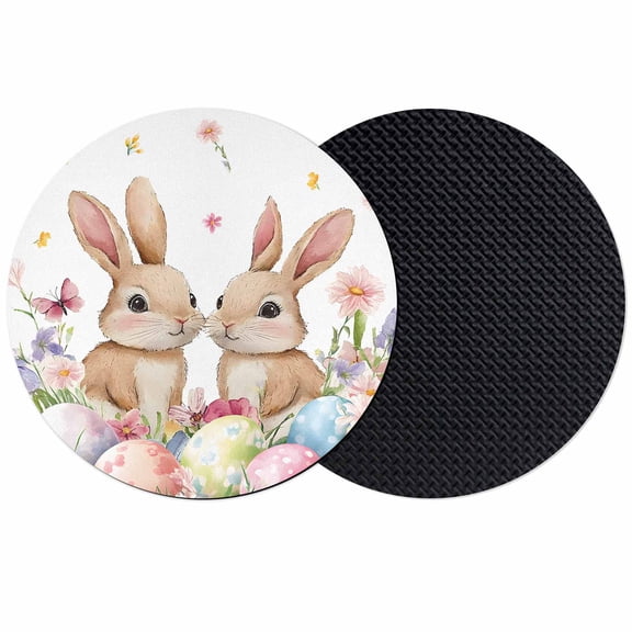 Spring Bunny Easter Coasters Set of 2, Floral Botanical Colorful Eggs Absorbent Coasters for Drinks, Coaster for Bar Office Dining Coffee Table Accessories Decor, Non Slip Round Desk Coaster