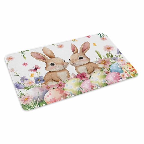 Spring Bunny Easter Doormat Outdoor Entrance 24"x36", Floral Botanical Colorful Eggs Absorb Moisture Dirt Door Mats, Non-Slip Rubber Backing Floor Mats Indoor, Low-Profile Front Door Rugs